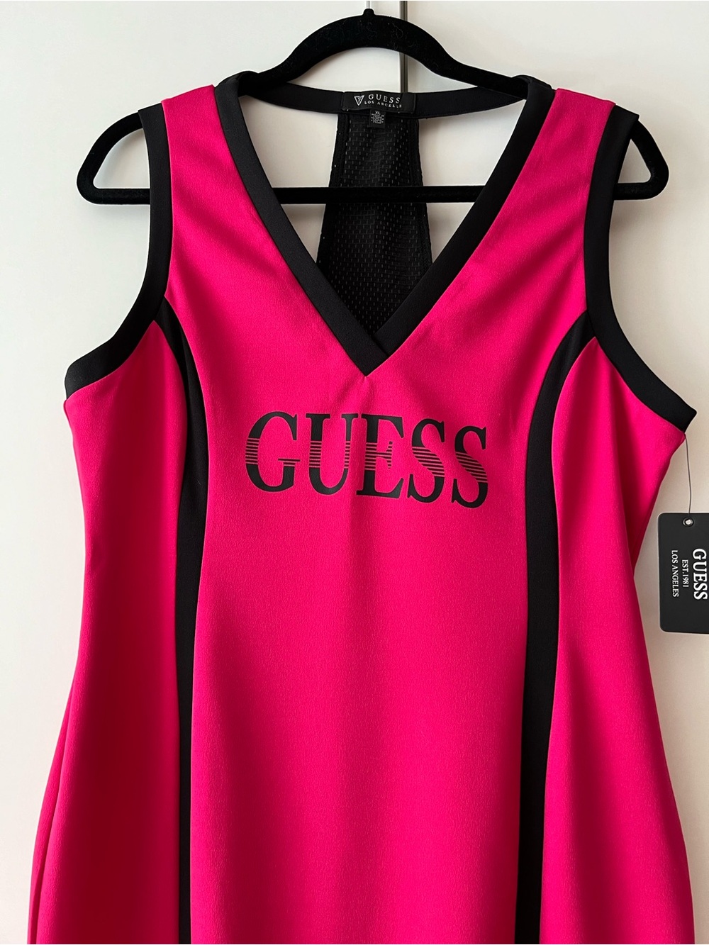 Guess Hot Pink and Black Sporty V-Neck Dress